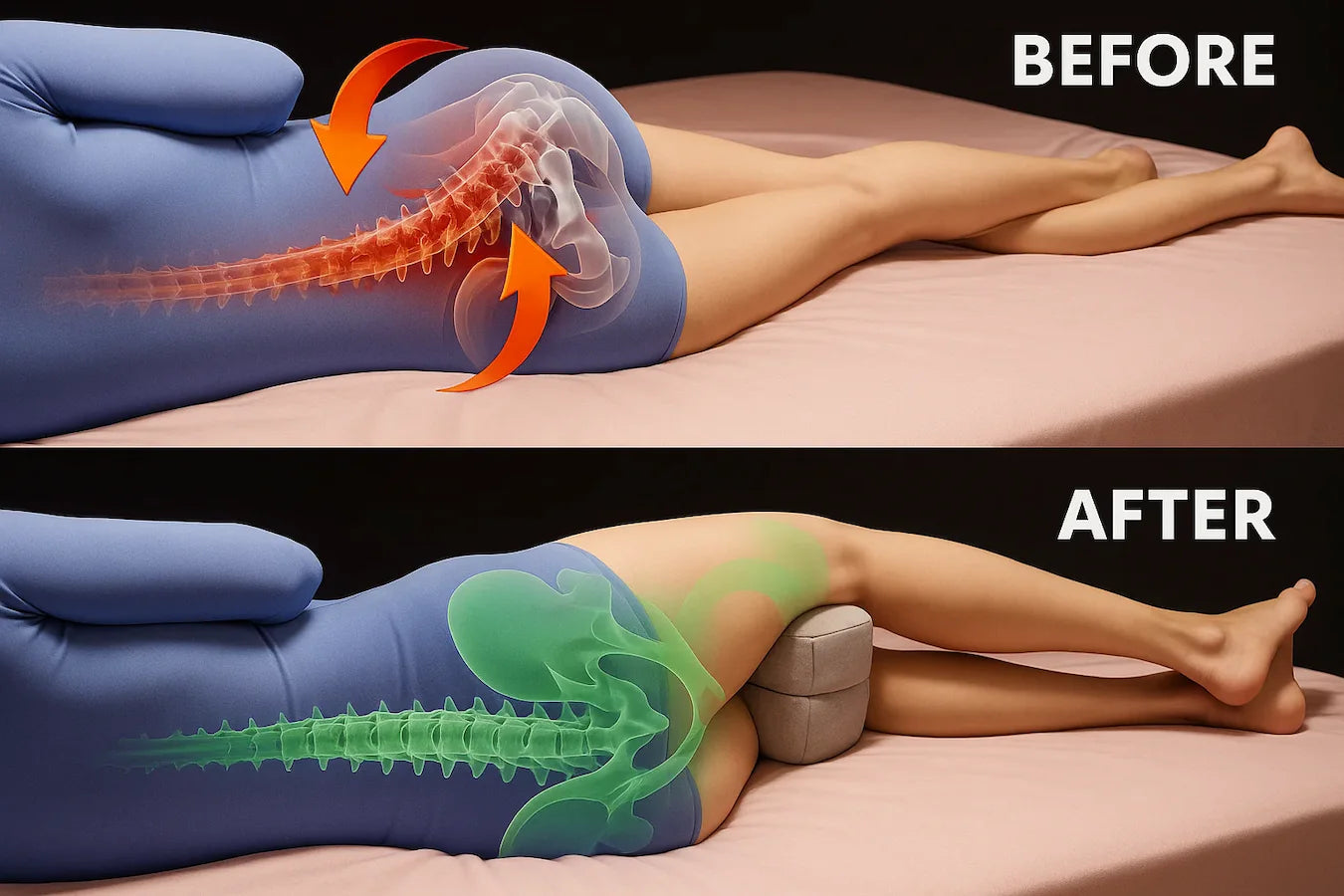 Before and after using the RevogetAlign knee pillow